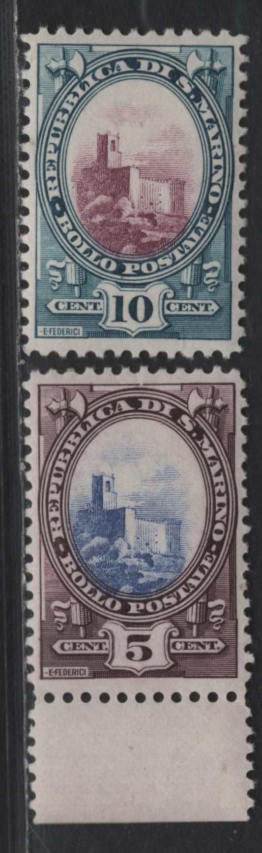 Lot 310 San Marino SC#115-116 5c - 10c Violet Brown & Ultramarine - Greenish Blue & Red Violet The Rocca, 1929 Pictorial Issue, 2 VFNH Singles
