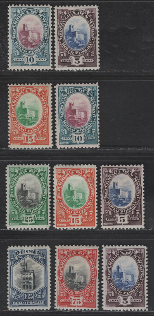 Lot 311 San Marino SC#115-117, 119, 122, 124 5c - 1.25l Violet Brown & Ultramarine - Dark Blue & Black The Rocca - Liberty, 1929-1935 The Rocca - Liberty Issues, 10 F/VFOG Singles, Shade Varieties