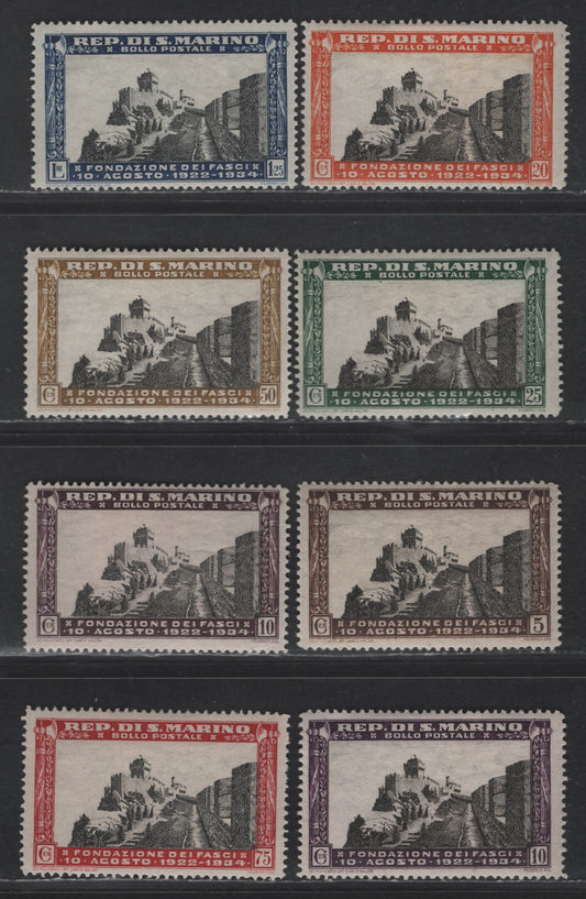 Lot 314 San Marino SC#161-167 5c - 1.25l Chocolate & Black - Blue & Black Founding of Fascist Movement, 1935 12th Anniv Founding of Fascist Movement Issue, 8 F/VFOG Singles, Complete Set, 2 Shades Of Violet On 10c