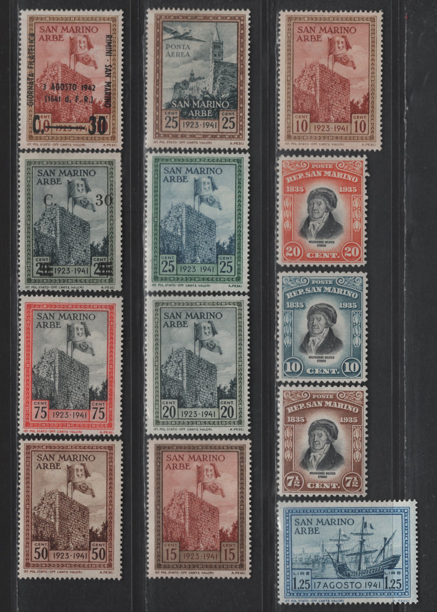 Lot 315 San Marino SC#170-173-174, 190-196, 200-201 7.5c - 30c on 20c Light Brown & Black - Gray Green & Gray Black Delfico - Surcharged, 1935-1942 Delfico - Surcharge Issues, 12 VFOG Singles