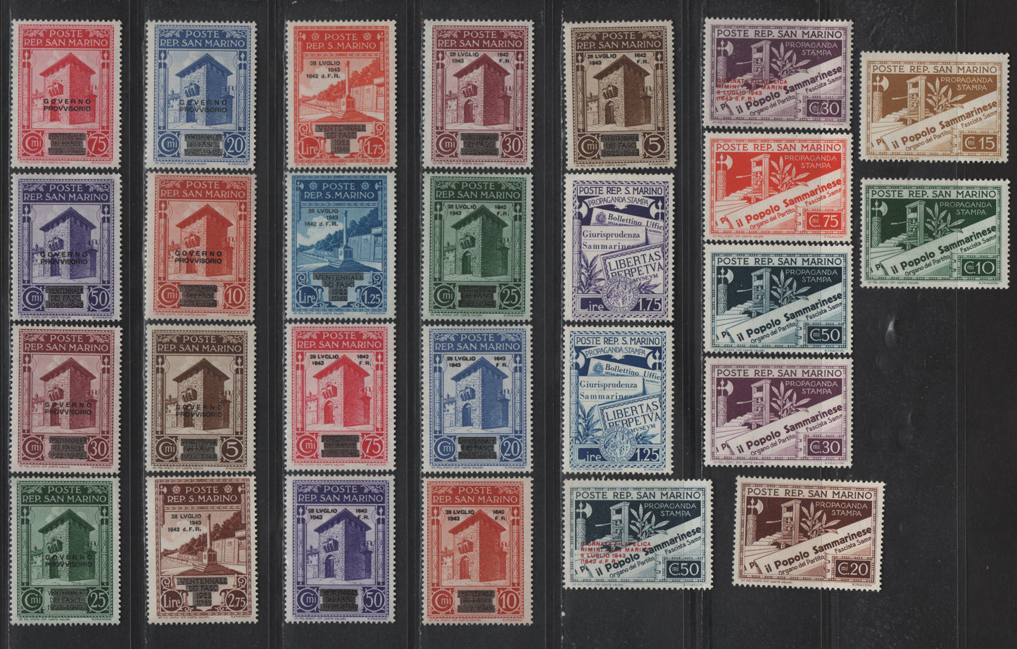 Lot 316 San Marino SC#203-210, 213-224, 228-234 10c - 75c Deep Green - Carmine Rose The Press - Provisional Government, 1943 The Press - Provisional Government Issues, 27 VFOG Singles