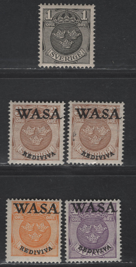 Lot 319 Sweden SC#95-98 1o - 4o Black - Pale Violet Arms, 1911-1919 Coat of Arms Issue, 5 F/VFNH Singles, Wavy Lines Wmk, Includes 30 brown With & Without Sheet Margin Text, 3 Have Private WASA Overprint