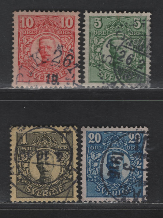 Lot 322 Sweden SC#77, 80, 83, 94 (Facit 79bz, 82bz, 85bz, 96bz) 5o - 1kr Green - Black on Yellow King Gustaf V, 1910-1919 King Gustaf V Definitives, 4 Very Fine Used Singles, Sheet Margin Letters Wmk
