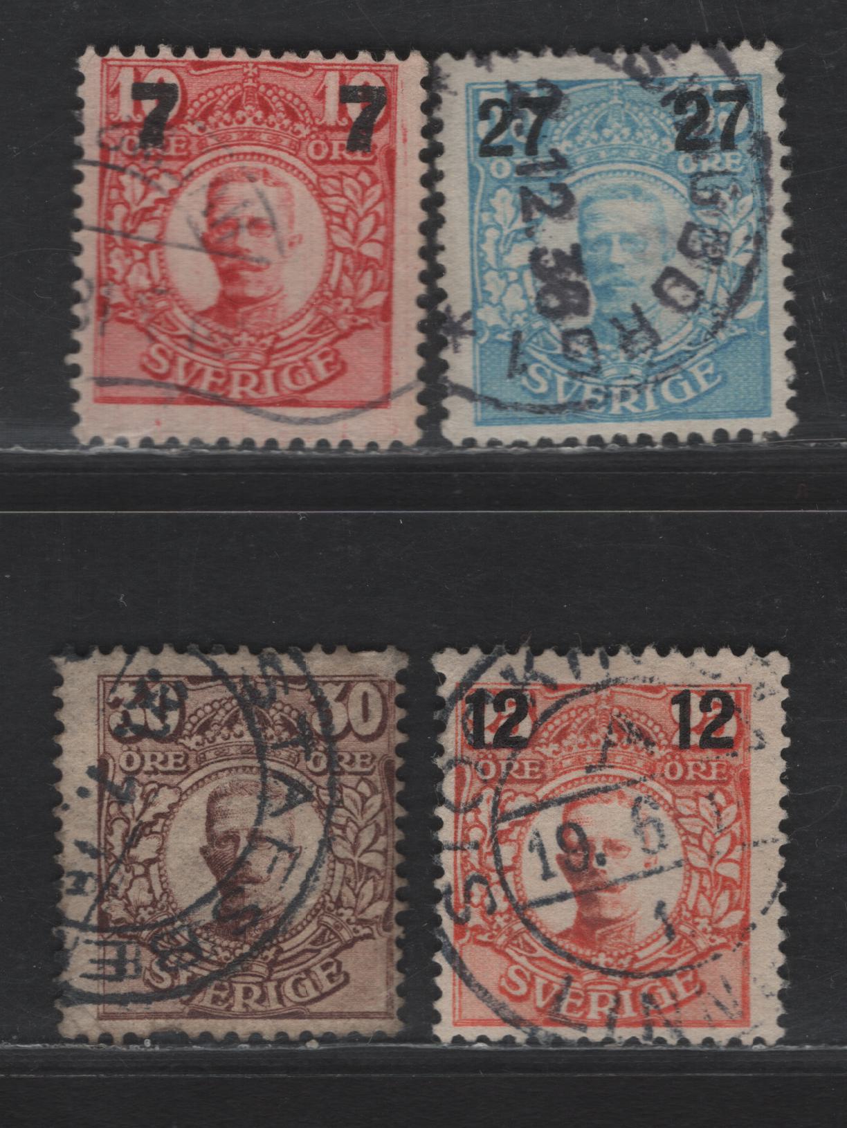 Lot 323 Sweden SC#99-100, 102, 86 (Facit 88bz, 99bz, 100bz, 102bz) 30o - 27o on 55o Claret Brown - Pale Blue King Gustaf V, 1917-1918 King Gustaf V Definitives, 4 Very Good/Fine Used Singles, Inverted Sheet Mergin Capitals