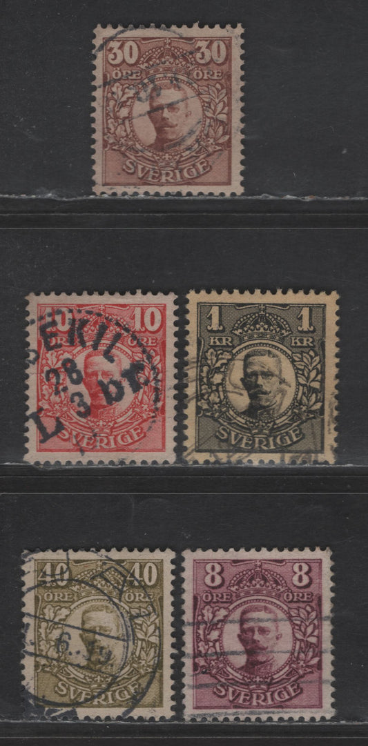 Lot 324 Sweden SC#79-80, 86, 88, 94 10c - 1k Carmine - Black & Yellow King Gustav V, 1911-1919 King Gustav V Definitive Issue, 5 Very Fine Used Singles, Top Quality Used Examples As Listed In Facit