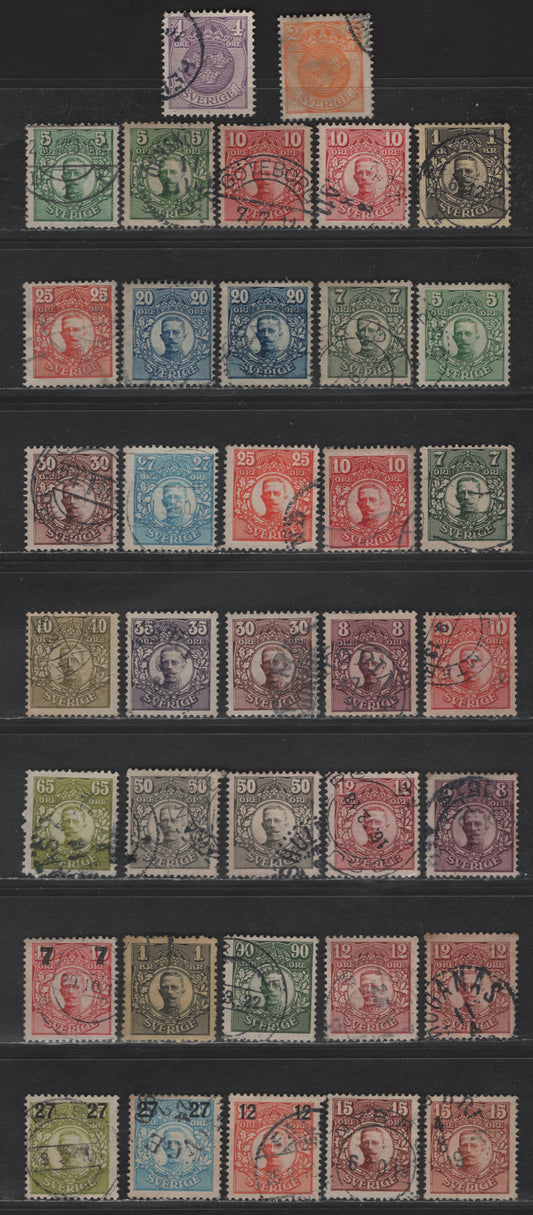 Lot 325 (C) Sweden SC#68-69, 71-72, 77-89, 91, 93-94, 99-100, 102-103 2o - 27o on 65o Orange - Pale Olive Green Small Arms & King Gustav V, 1910-1919 Small Arms & King Gustav V Issues, 36 Very Fine Used Singles, Shade Variations
