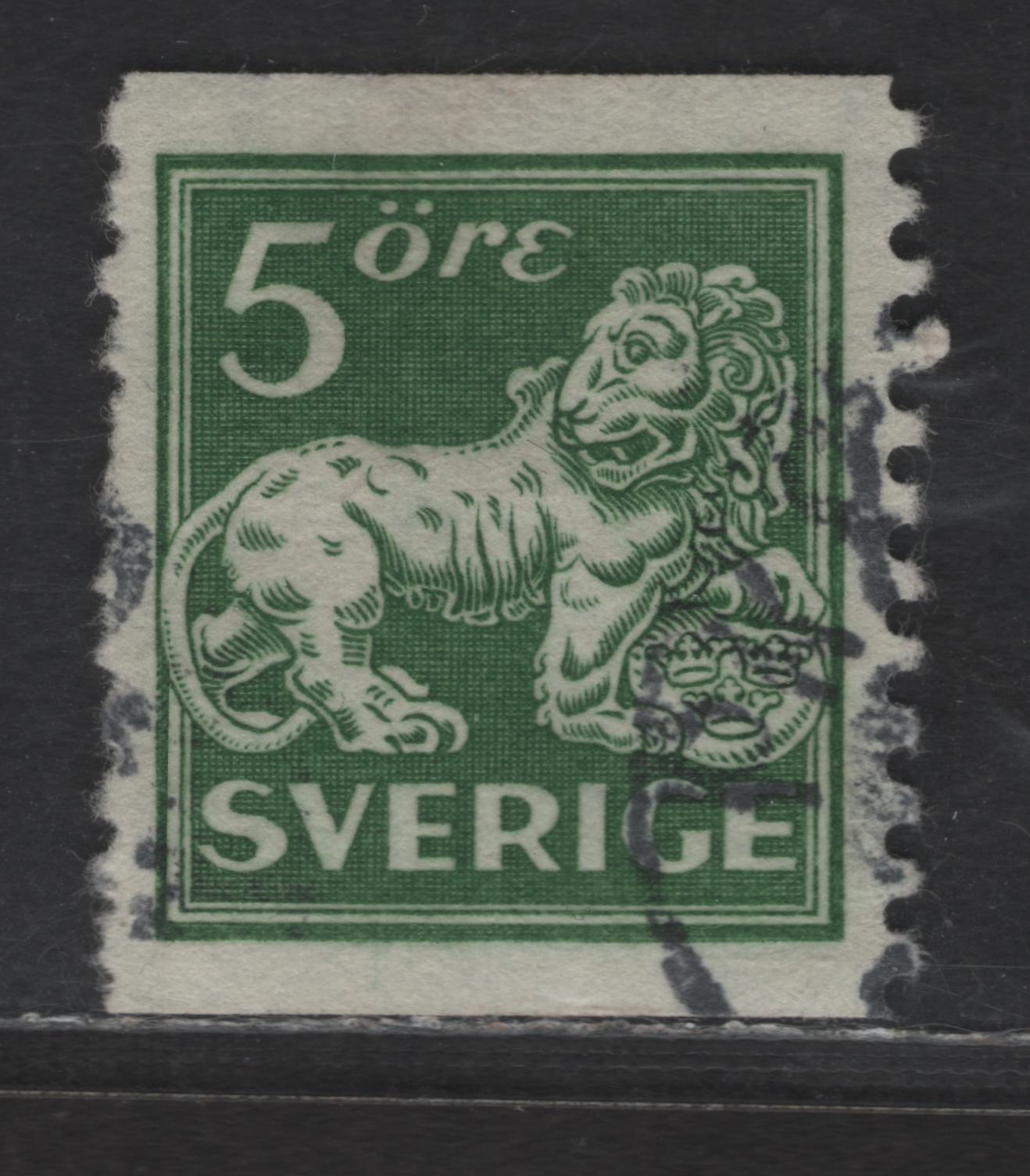 Lot 327 Sweden SC#122var (Facit 143cxz) 5o Green Heraldic Lion, 1920-1925 Heraldic Lion Issue, A Very Fine Used Single, Perf 10 Vertically, Wmk Wavy Lines Running Upward Lower Left to Upper Right, Type II, Sheet Margin Capitals