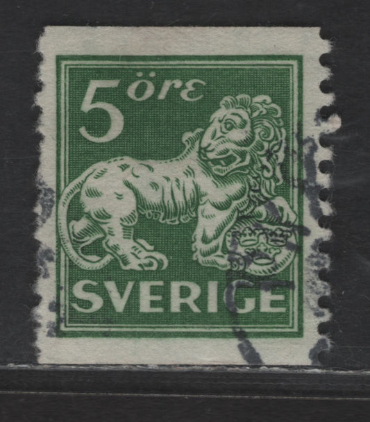 Lot 327 Sweden SC#122var (Facit 143cxz) 5o Green Heraldic Lion, 1920-1925 Heraldic Lion Issue, A Very Fine Used Single, Perf 10 Vertically, Wmk Wavy Lines Running Upward Lower Left to Upper Right, Type II, Sheet Margin Capitals