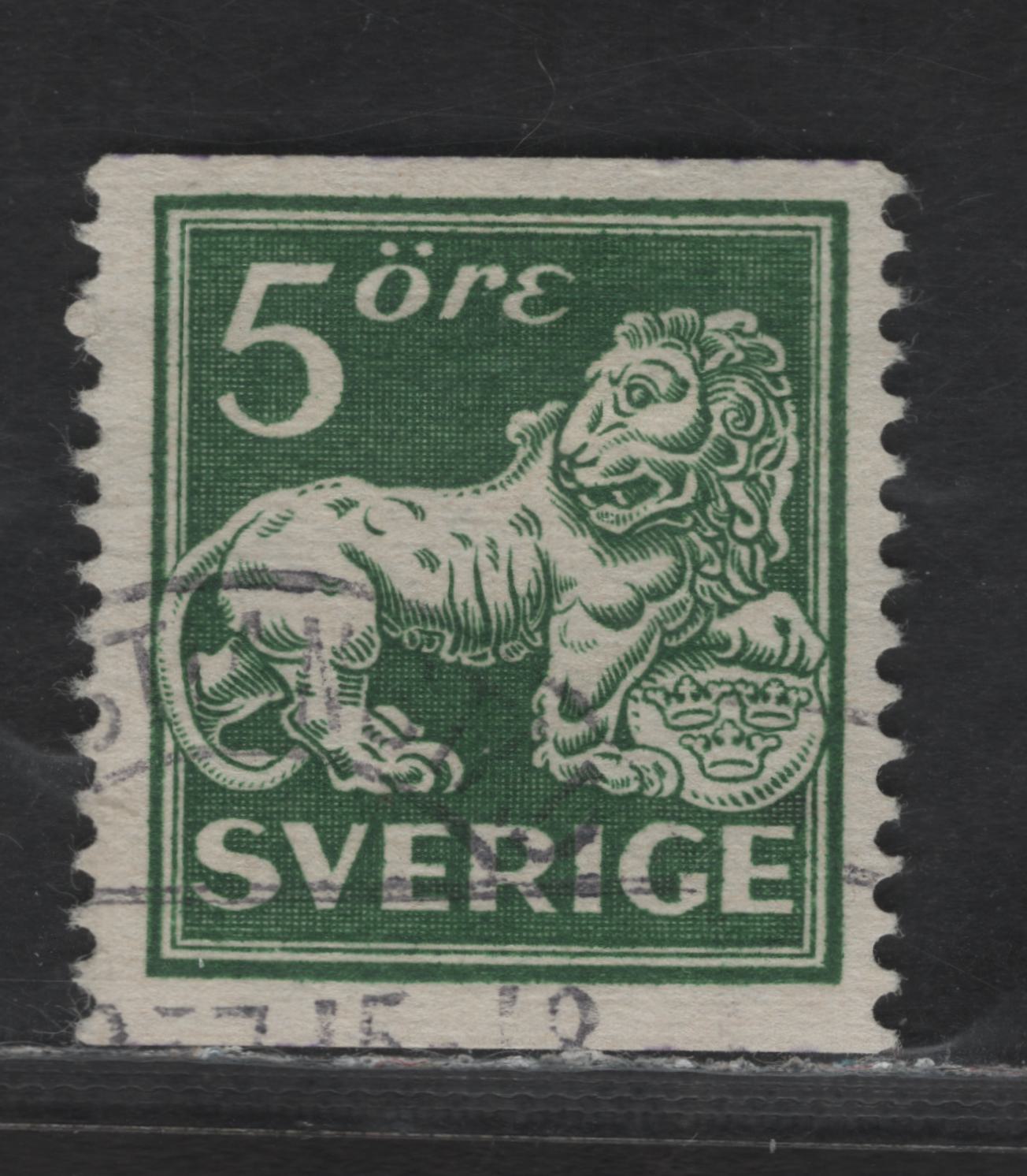 Lot 328 Sweden SC#132var (Facit 143Ea) 5o Yellowish Green Heraldic Lion, 1920-1925 Heraldic Lion Issue, A Very Fine Used Single, Perf 13 Vertically, Type II, Cream Paper