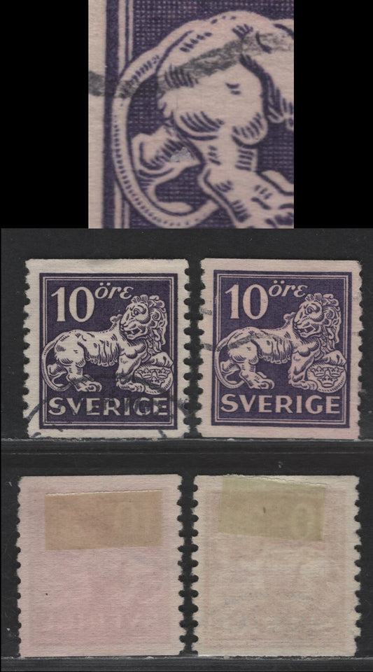 Lot 329 Sweden SC#119var (Facit 146Ab, 146Ac) 10o Ultramarine Violet & Blackish Violet Heraldic Lion, 1920-1925 Heraldic Lion Issue, 2 Very Fine Used Singles, Perf 10 Vertically, Type II, White Paper