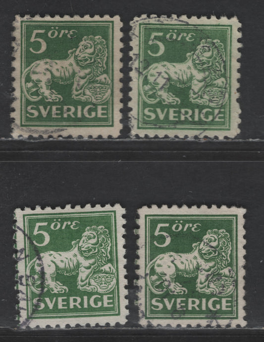 Lot 330 Sweden SC#126 (Facit 143Ca, Cb, Cc) 5o Yellowish Green, Dull Dark Green & Green Heraldic Lion, 1920-1925 Heraldic Lion Issue, 4 Very Fine Used Singles, Perf 10