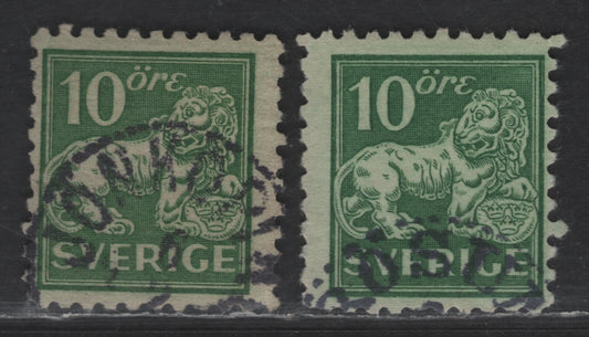 Lot 332 Sweden SC#127 (Facit 144Ca, Cc) 10o Yellowish Green Heraldic Lion, 1920-1925 Heraldic Lion Issue, 2 Fine Used Single, Perf 10, Type Yellow