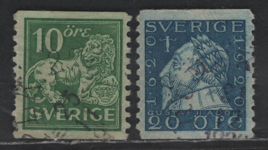 Lot 333 Sweden SC#118var, 164var (Facit 144Abz, 132Abz) 10o - 20o Green - Blue Heraldic Lion - Gustaf II Adolf, 1920-1925 Heraldic Lion - Gustaf II Adolf Issues, 2 Very Fine Used Singles, Sheet Margin Letters Wmks, 10o Type 1