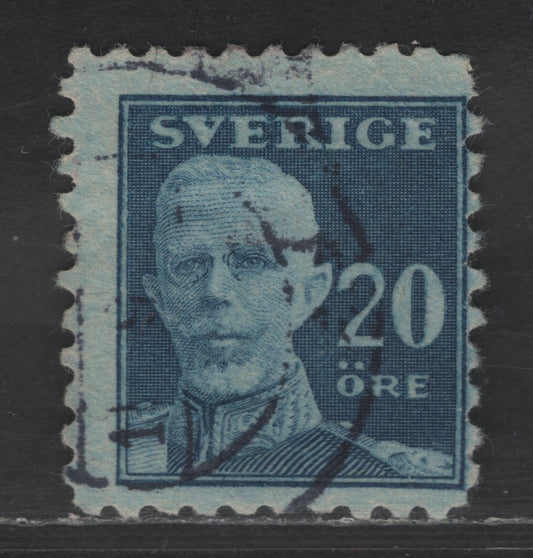Lot 334 Sweden SC#143var (Facit 131cbz) 20o Dark Blue King Gustav V, 1920-1921 King Gustav V Issue, A Very Good Used Single, Wmk Sheet Margin Letters, Shallow Hinge, Shallow Hinge Thin But Scarce
