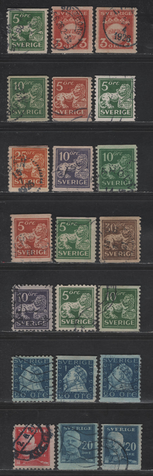 Lot 335 Sweden SC#115-124, 126, 128, 140, 142 3o - 2o0 Copper Red - Blue Arms - Gustav Adolphus, 1920-1925 Arms - Gustav Adolphus Issues, 22 Fine/Very Fine Used Singles