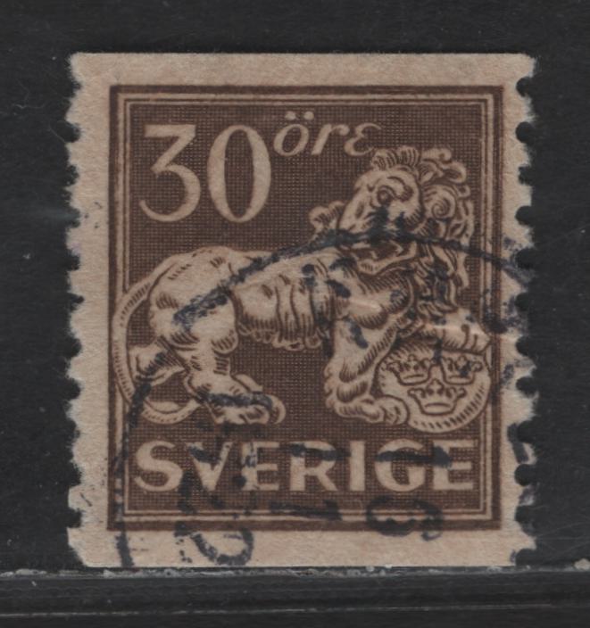 Lot 336 (C) Sweden SC#125 30o Brown Heraldic Lion, 1920-1925 Heraldic Lion Issue, A Very Fine Used Single, Perf 10 Vertically, Pre-Print Paper Crease, Scarce Coil, Wmkd Wavy Lines Running Upward From LL to UR