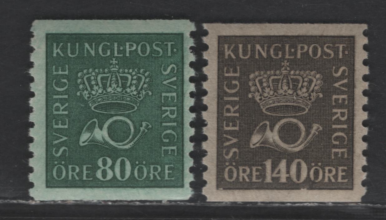 Lot 338 Sweden SC#150, 158var (Facit 165c, 173c) 80o Dark Blue Green - Gray Black Posthorn, 1920-1925 Posthorn Issue, 2 F/VFNH Singles, Paper B