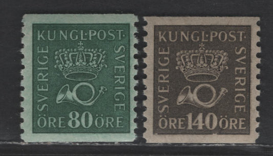Lot 338 Sweden SC#150, 158var (Facit 165c, 173c) 80o Dark Blue Green - Gray Black Posthorn, 1920-1925 Posthorn Issue, 2 F/VFNH Singles, Paper B