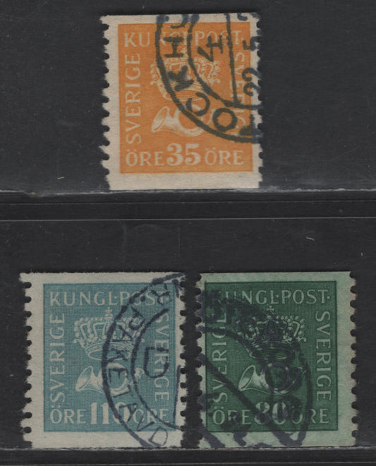 Lot 339 (C) Sweden SC#160, 162-163 35o - 110o Yellow - Ultramarine Crown & Post Horn, 1920-1934 Crown & Post Horn Issue, 3 Fine Used Singles, Wmk Wavy Lines Running Upward From LL to UR