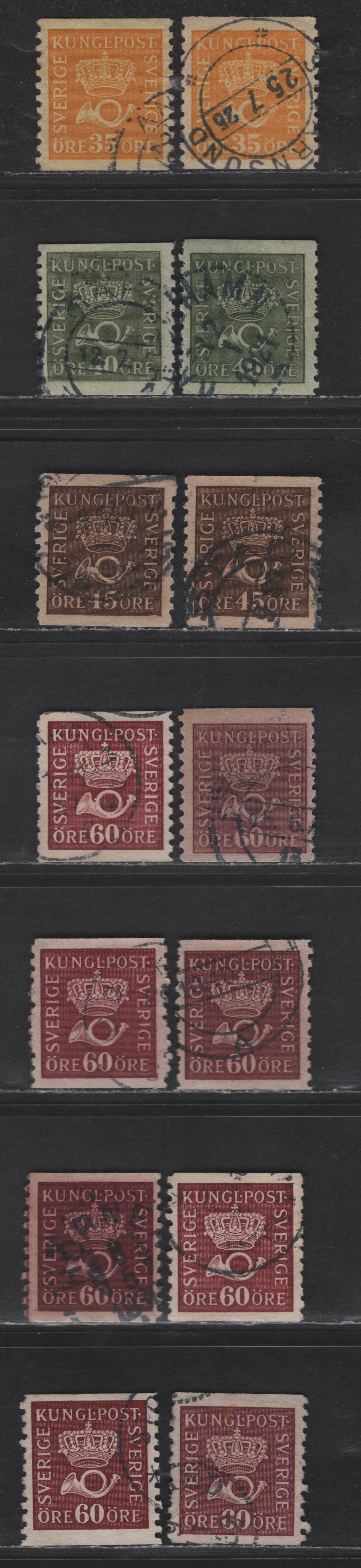 Lot 340 Sweden SC#145-148 (Facit 156a, 157-158, 159a, 161, 162a,b, 163a,b) 35o - 60o Yellow - Claret Crown & Post Horn, 1920-1934 Crown & Post Horn Issue, 13 Fine/Very Fine Used Singles, Specialized Group Of Facit Listed Types & Papers