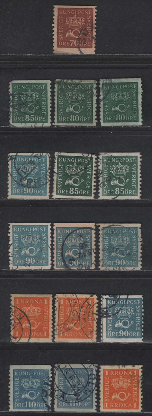 Lot 341 Sweden SC#149-154 (Facit 164, 165a, 166a-b, 167a-c, 168b, 169a-b) 70o - 110o Red Brown - Light Blue Crown & Post Horn, 1920-1934 Crown & Post Horn Issue, 16 Fine/Very Fine Used Singles, Facit Listed Paper Types Agrg, A1, A2 & A3