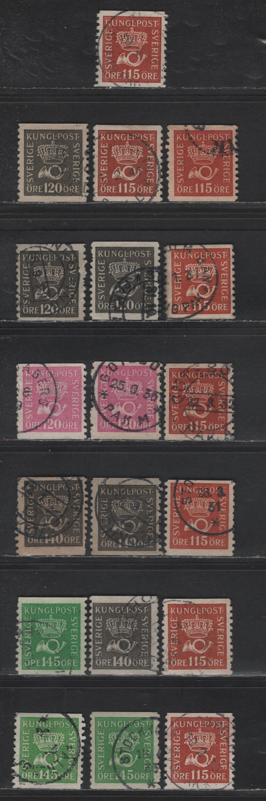 Lot 342 Sweden SC#155-159 (Facit 170a/174c) 115o - 145o Red Brown - Yellowish Green Crown & Post Horn, 1920-1934 Crown & Post Horn Issue, 19 Fine/Very Fine Used Singles, Specialized Group Of Different Shades On Facit Listed Papers