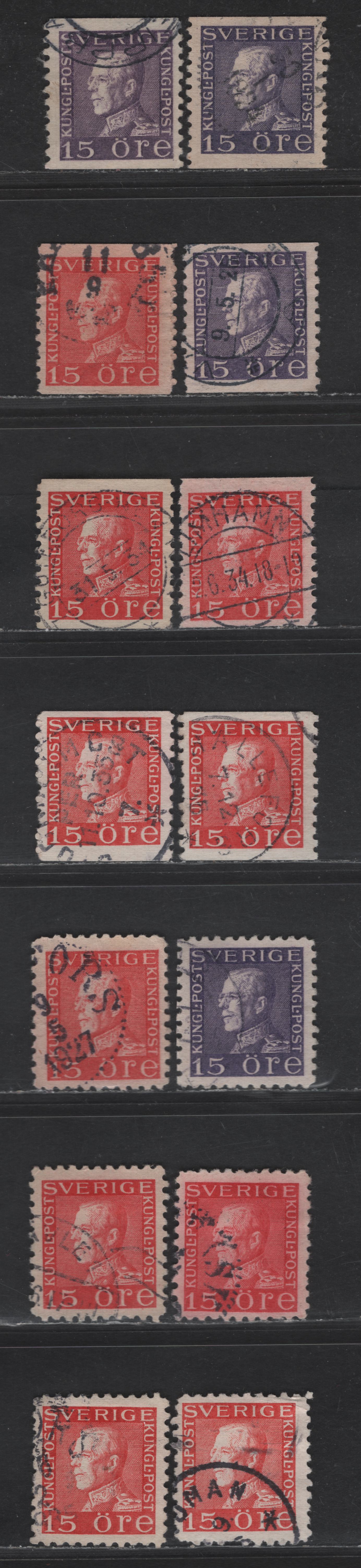 Lot 345 Sweden SC#167-168, 190-191 (Facit 175Aa,Ca, 176A,C, 177Aa,Ab,C2, 177Ca-Cc) 15o Violet - Carmine Red King Gustav V, 1921-1936 King Gustav V Issue, 14 Fine/Very Fine Used Singles, Specialized Group Of Different Shades On Facit Listed Papers