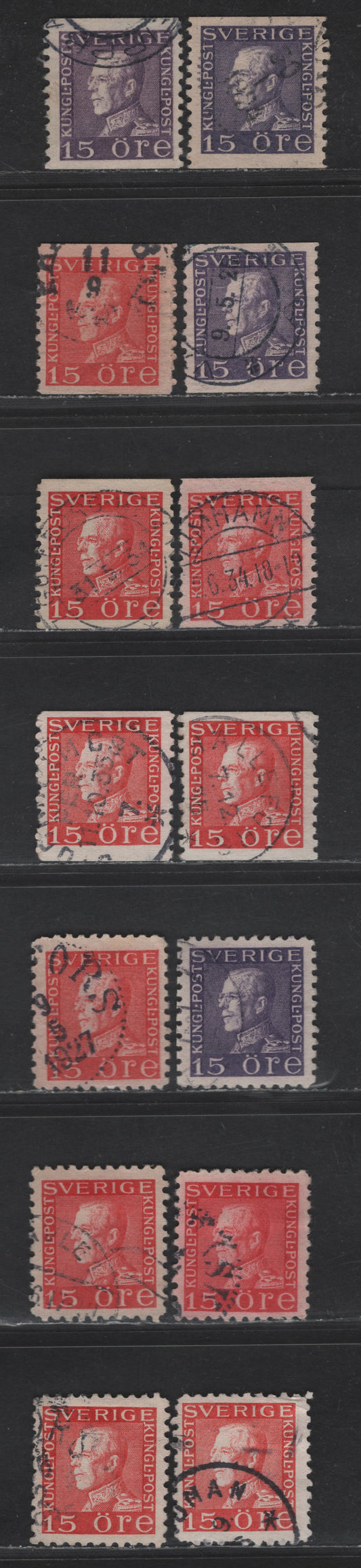 Lot 345 Sweden SC#167-168, 190-191 (Facit 175Aa,Ca, 176A,C, 177Aa,Ab,C2, 177Ca-Cc) 15o Violet - Carmine Red King Gustav V, 1921-1936 King Gustav V Issue, 14 Fine/Very Fine Used Singles, Specialized Group Of Different Shades On Facit Listed Papers