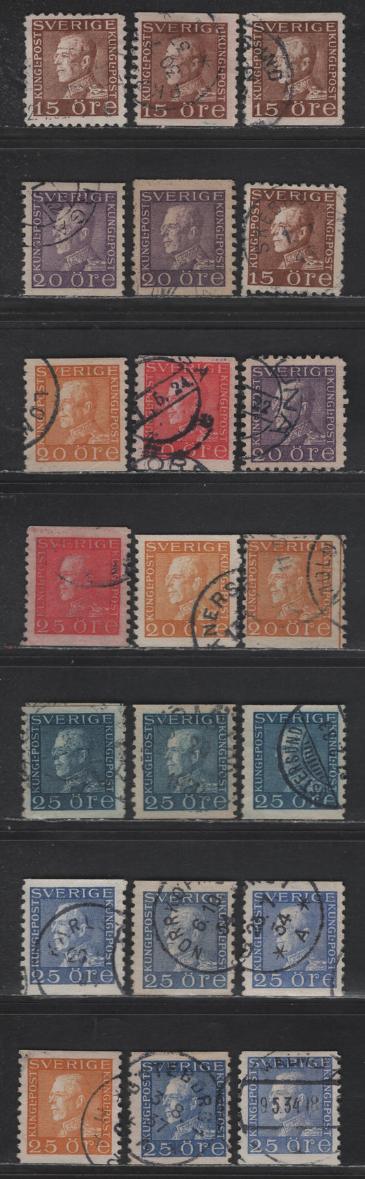 Lot 346 Sweden SC#169-177 (Facit # 178,c, 179a, 192-193) 15o - 25o Brown - Orange King Gustav V, 1921-1936 King Gustav V Issue, 22 Fine/Very Fine Used Singles, Specialized Group Of Different Shades On Facit Listed Papers, Including Agrg, A1, A2 & A3