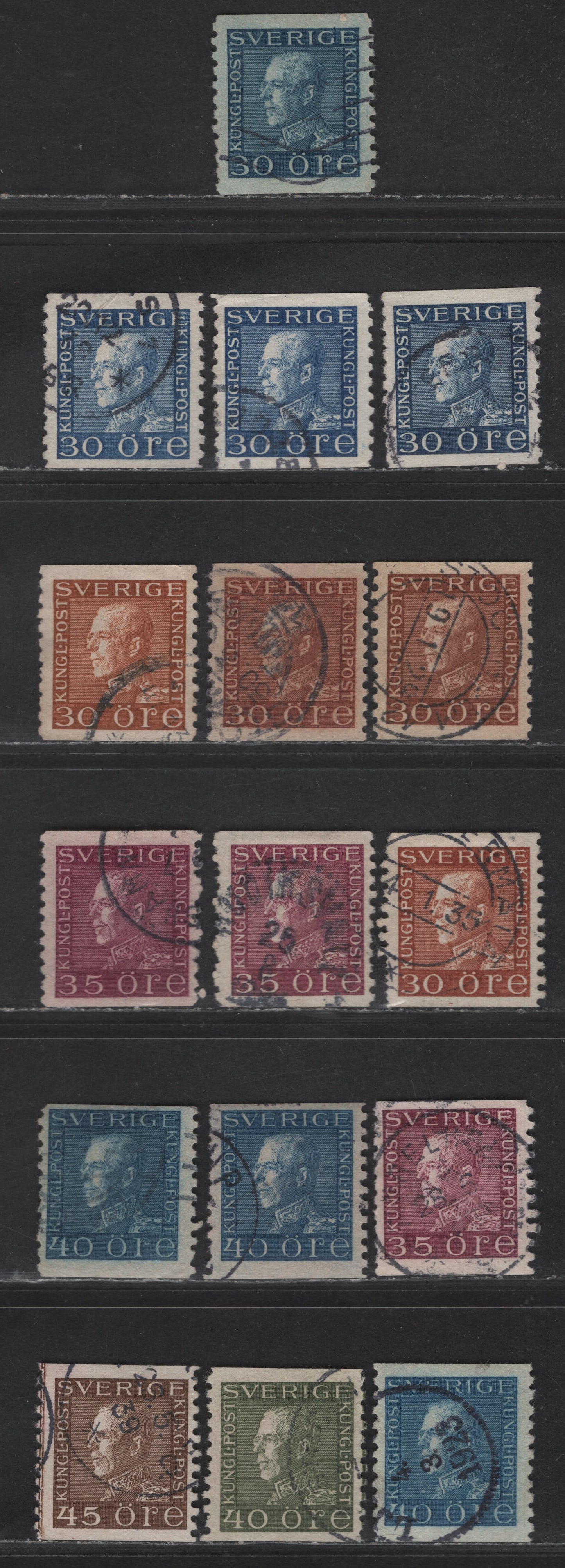 Lot 347 Sweden SC#178-184 (Facit # 185a,c, 186a-c, 187a-c, 188a-b, 189b, 191b) 30o - 45o Greenish Blue - Brown King Gustav V, 1921-1936 King Gustav V Issue, 16 Fine/Very Fine Used Singles, Specialized Group Of Shades On Facit Listed Papers