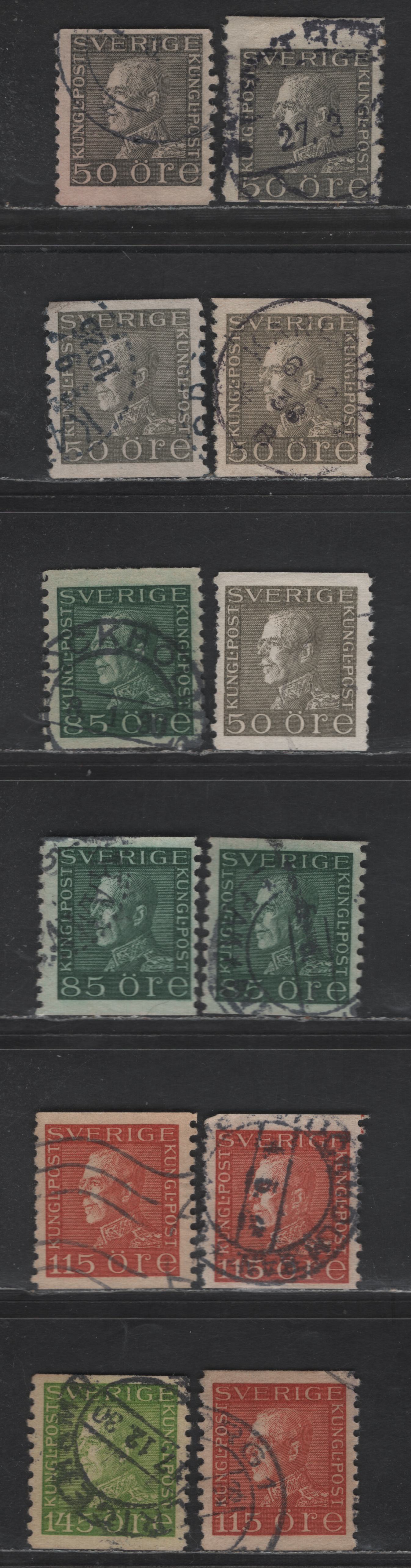 Lot 348 Sweden SC#185-188 (Facit # 192a-c, 193-195) 50o - 145o Gray - Apple Green King Gustav V, 1921-1936 King Gustav V Issue, 11 Fine/Very Fine Used Singles Specialized Group Of Shades On Facit Listed Papers, Including A1, A2,, A3 & Agry