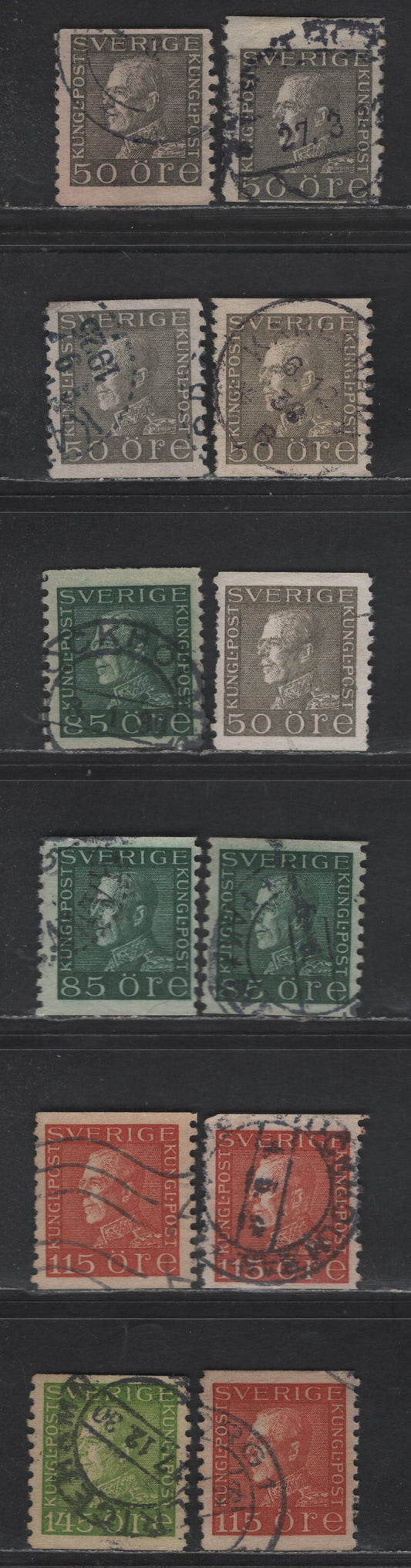 Lot 348 Sweden SC#185-188 (Facit # 192a-c, 193-195) 50o - 145o Gray - Apple Green King Gustav V, 1921-1936 King Gustav V Issue, 11 Fine/Very Fine Used Singles Specialized Group Of Shades On Facit Listed Papers, Including A1, A2,, A3 & Agry