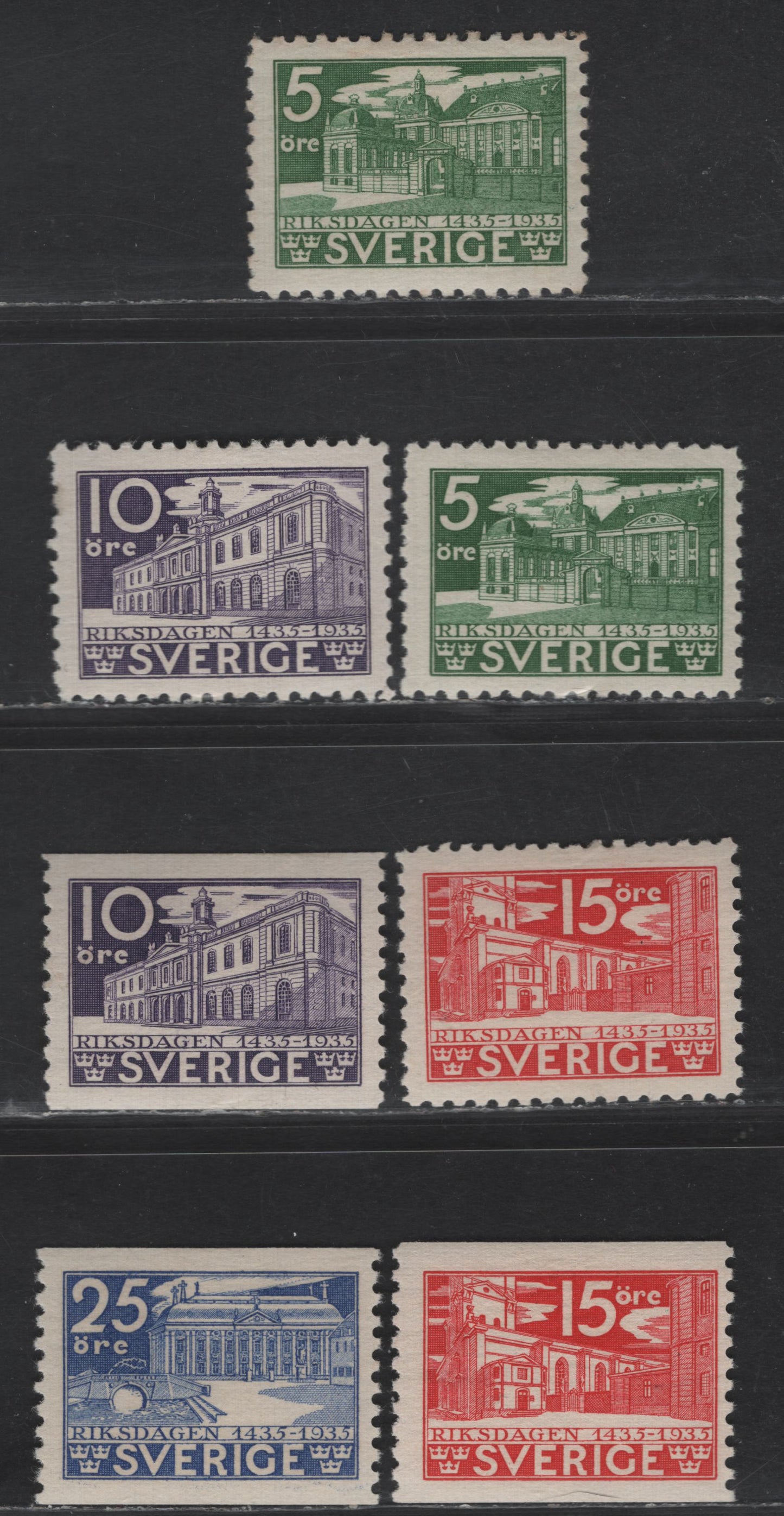 Lot 349 Sweden SC#239-241, 243-245 5o - 250o Green - Ultramarine Swedish Parliament, 1935 500th Anniv of Swedish Parliament Issue, 7 F/VFOG Singles Two Shades Of Green