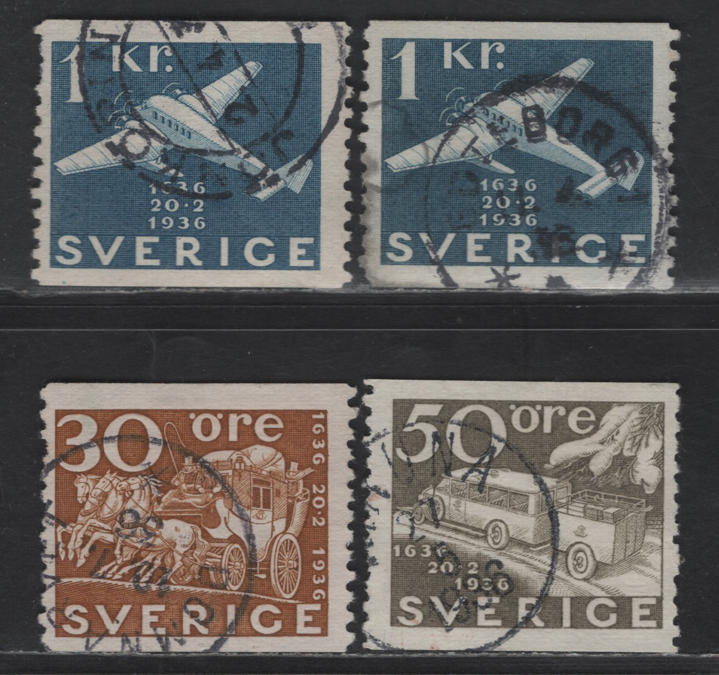 Lot 350 Sweden SC#236, 260, 262 30o - 1kr Yellow Brown - Deep Blue Swedish Postal Service, 1936 300th Anniv of Swedish Postal Service Issue, 4 Fine/Very Fine Used Singles, Two Shades Of Blue