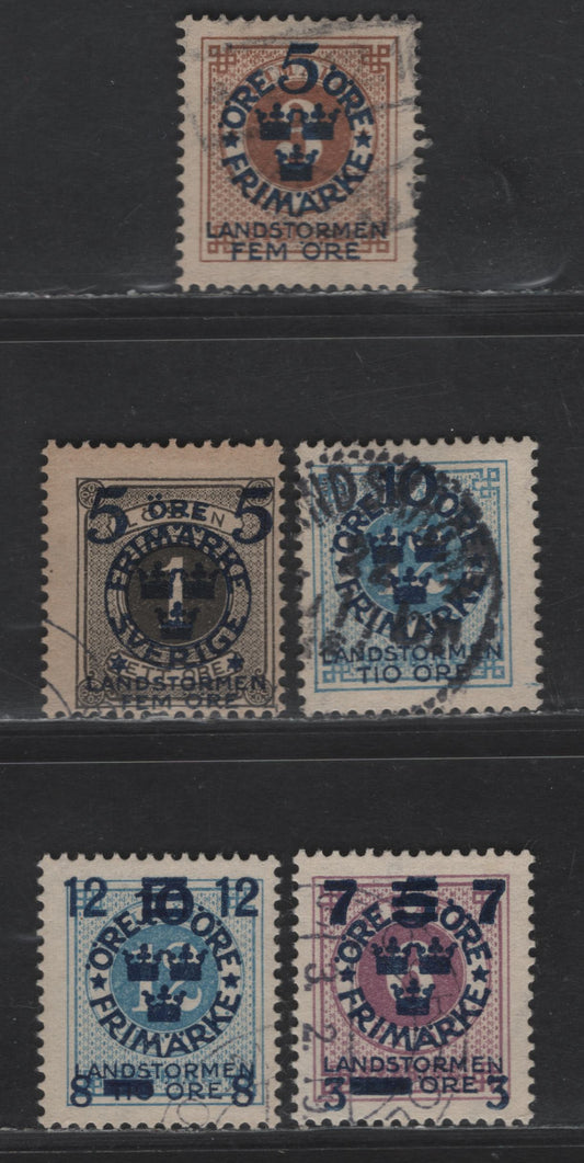 Lot 351 Sweden SC#B2, B6, B12, B26-B27 5o+5o on 3o - 5o+10o on 12o Yellow Brown - Blue Numeral, 1916-1918 Semi Postal Issue, 5 Fine/Very Fine Used Singles