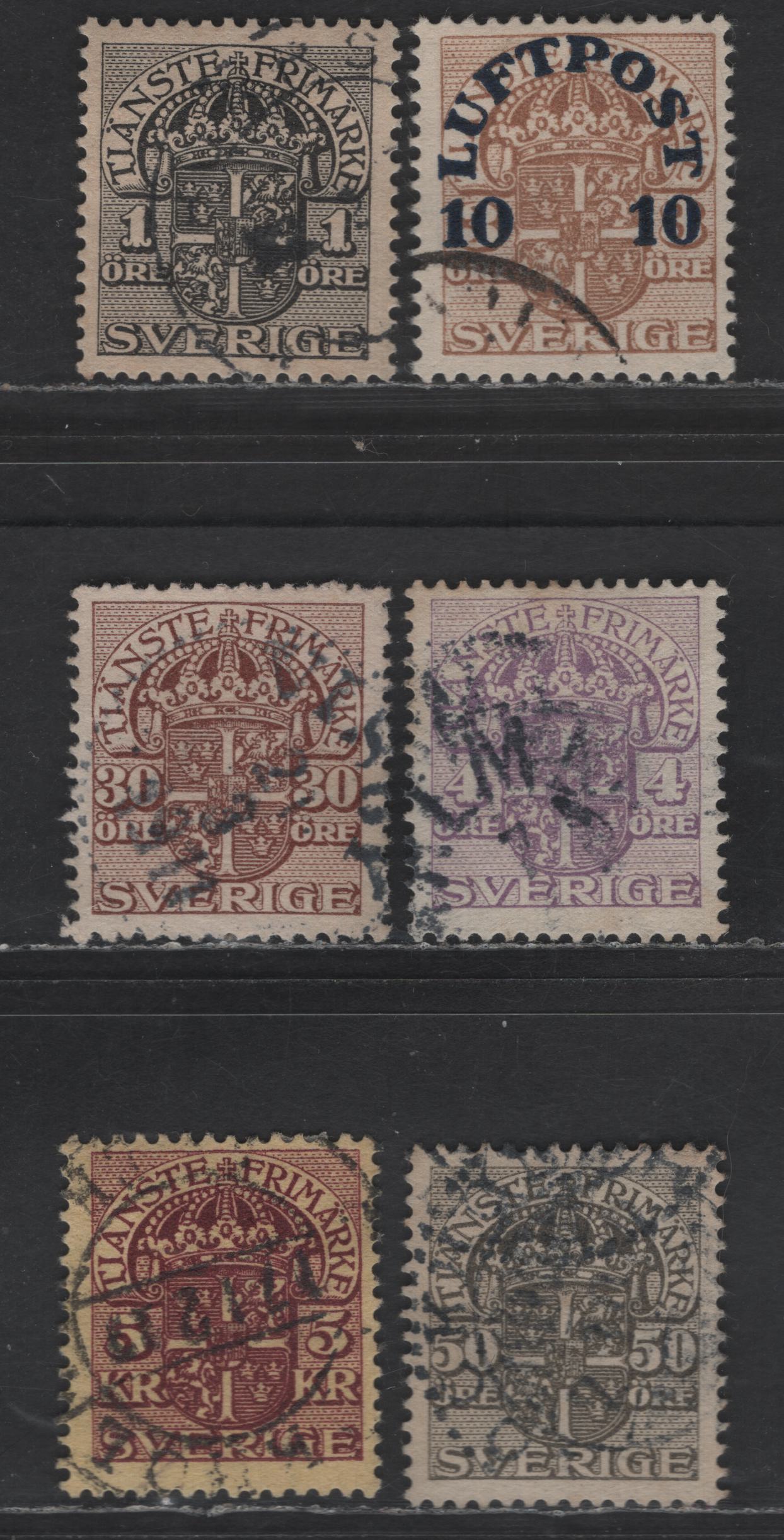 Lot 352 Sweden SC#C1, O28, O30, O37, O38, O40 10o on 3o - 5kr Brown - Claret on Yellow Emblem, 1910-1920 Officials - Airmail Issues, 6 Fine/Very Fine Used Singles, Crown Wmk