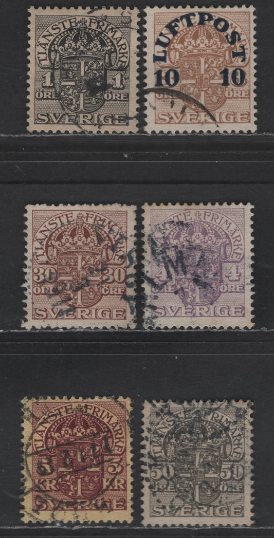 Lot 352 Sweden SC#C1, O28, O30, O37, O38, O40 10o on 3o - 5kr Brown - Claret on Yellow Emblem, 1910-1920 Officials - Airmail Issues, 6 Fine/Very Fine Used Singles, Crown Wmk
