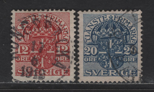 Lot 353 Sweden SC#O49var, O51var (Facit TJ48cz & TJ50cz) 12o - 20o Carmine - Blue Emblem, 1910-1919 Official Issue, 2 Very Fine Used Singles Wavy Lines Wmk, Running Downward From UL to LR,, Block Capitals From Sheet Margin