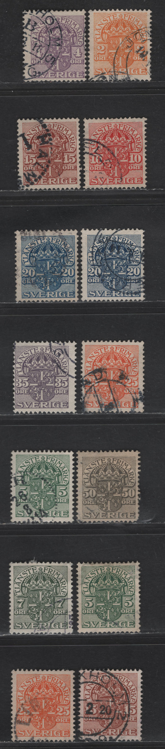 Lot 354 Sweden SC#O45, O46, O50, O2 5o - 25o Green - Orange Emblem, 1910-1919 Official Issue, 14 Very Fine Used Singles, Wmk Wavy Lines Running Downward From UL to LR, Top Quality, As Listed In Facit, Two Shades Of 5o