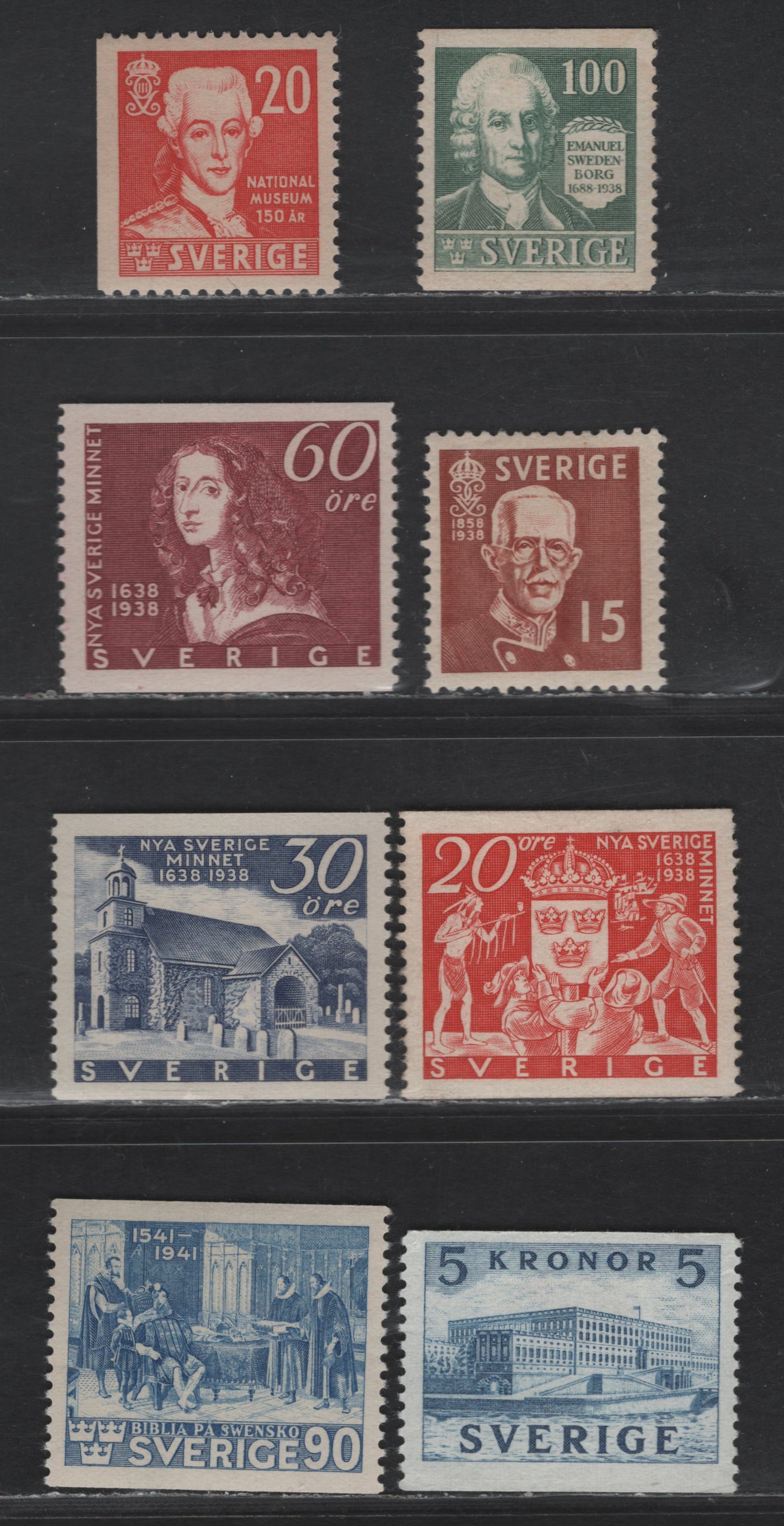 Lot 356 Sweden SC#267, 270-272, 279, 329, 537, 318 100o - 90o Green - Ultramarine Swedenborg - Swedish Bible, 1938 Swedenborg - 400th Anniv of Swedish Bible Issues, 8 VFOG Singles