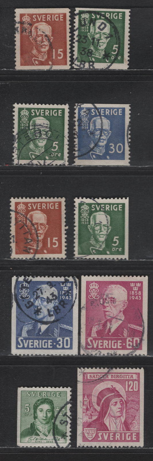 Lot 357 (C) Sweden SC#328, 335, 275-279, 339-340 5o - 60o Green - Bright Red Violet Gustav V, 1938-1945 80th & 85th Birthdays Of Gustav V Issues, 10 Fine/Very Fine Used Singles