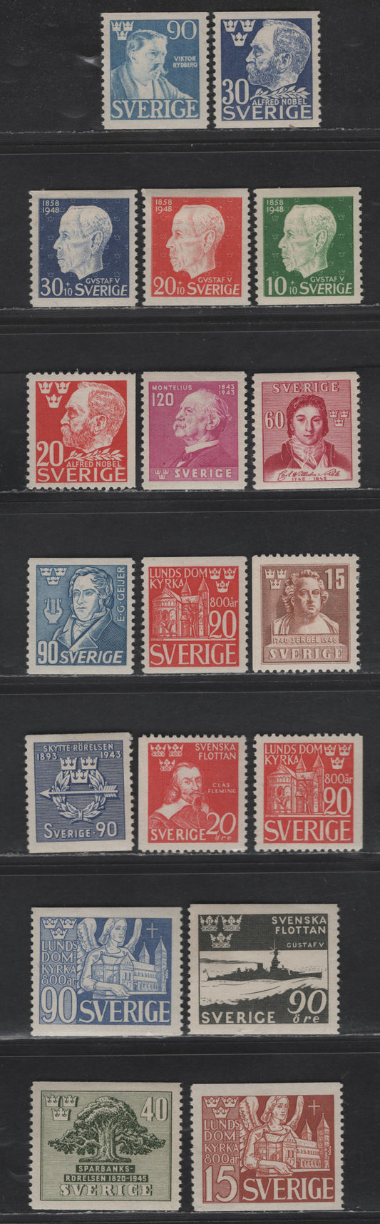 Lot 358 Sweden SC#337, 343, 313, 355, 357, 369-371, 373, 367, 381-382, 364, B37-B39, 384, 346 15o - 30o+10o Light Brown - Ultramarine Tobial Sergel - Portraits, 1940-1948 Tobias Sergel - Semi Postal Issues, 17 F/VFLH SIngles