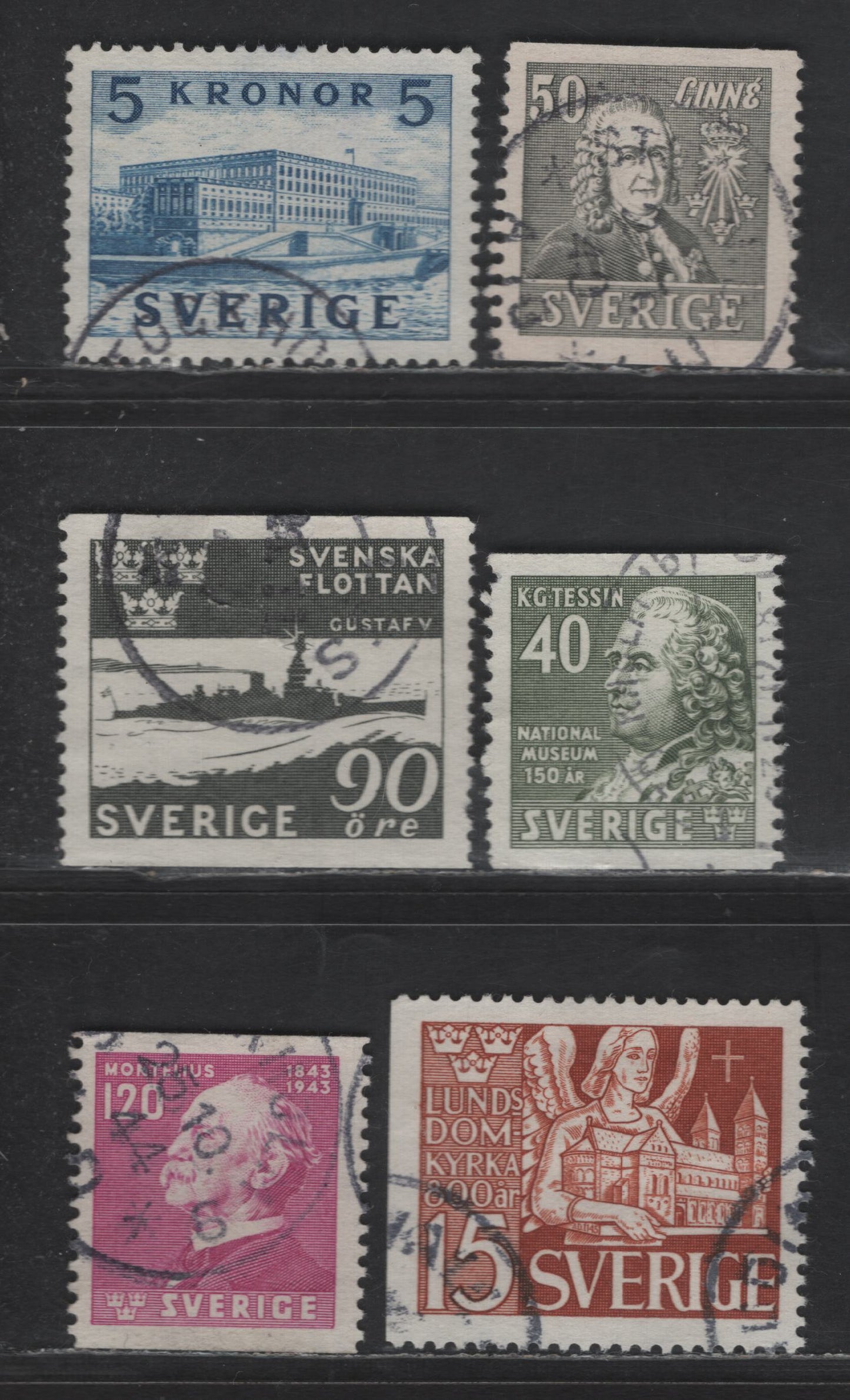 Sweden SC#296, 331, 322a, 355, 372, 346 50o - 15o Gray - Orange Brown Von Linne - Cathedral, 1939-1946 Von Linne - Lunel Catherdral Issues, 6 Very Fine Used SIngles
