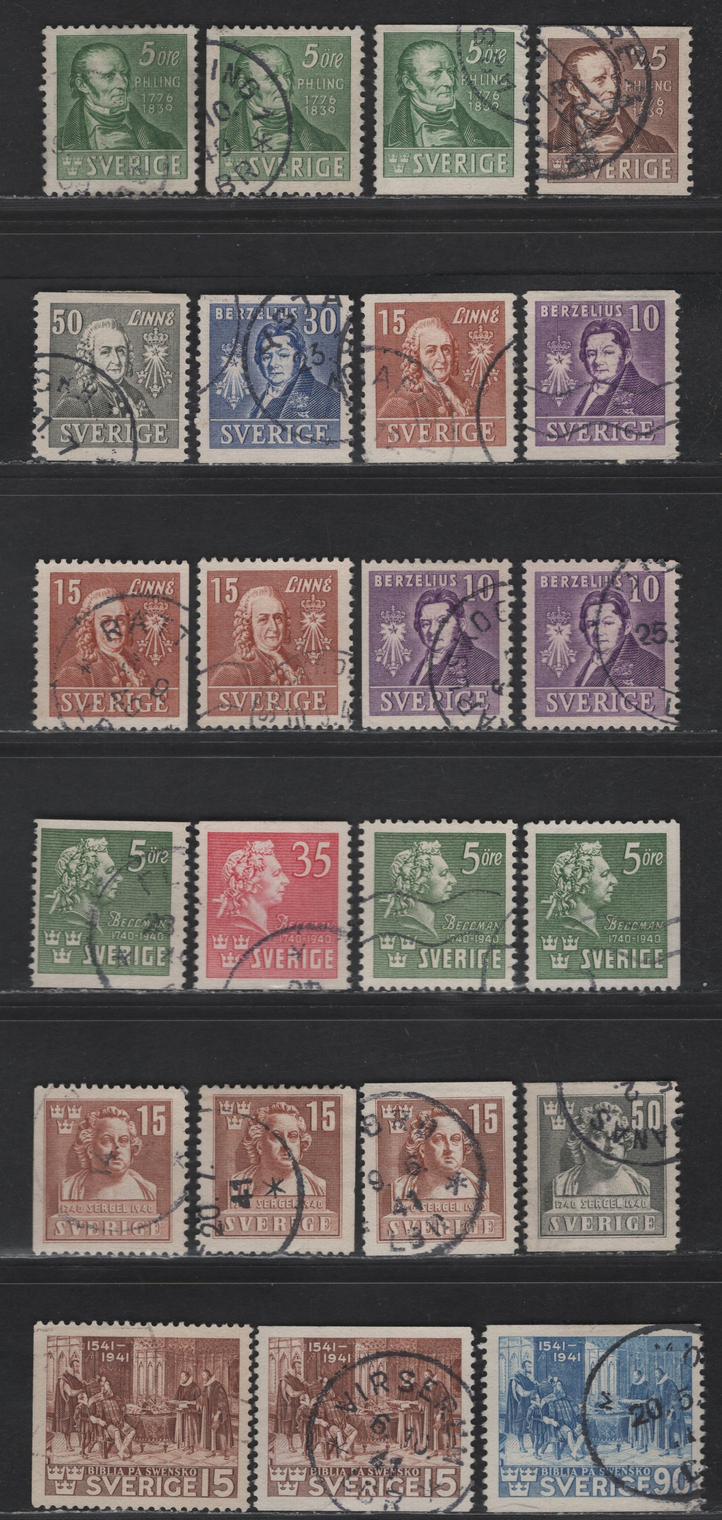 Lot 360 (C) Sweden SC#290-298, 310-318 5o - 90o Green - Ultramarine Ling - Swedish Bible, 1939-1941 Ling - Swedish Bible Issues, 23 Fine/Very Fine Used SIngles