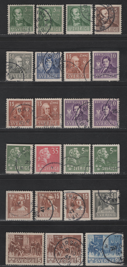 Lot 360 (C) Sweden SC#290-298, 310-318 5o - 90o Green - Ultramarine Ling - Swedish Bible, 1939-1941 Ling - Swedish Bible Issues, 23 Fine/Very Fine Used SIngles