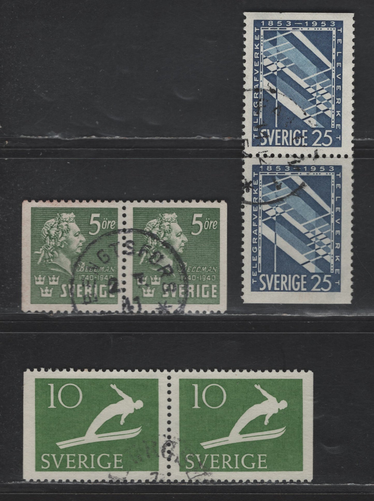 Lot 361 (C) Sweden #312a, 448, 455(Facit# 324BB, 445BB, 451BB) 5 ore Green - 25 Ore Blue, 1943 Bellman - 1953 Telegraph Centenary Issues, 3 Very Fine Used Booklet Pairs
