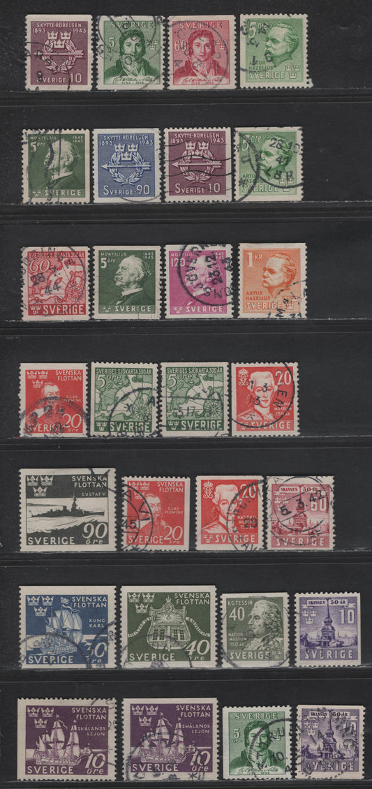 Lot 362 (C) Sweden #319-321, 323-325, 329-331, 335-337, 342-357 10 ore Violet - 20 ore Red, 1941 South Anniv Of Skanson - 1944 Swedish Fleet Issues, 28 F & VF Used Singles