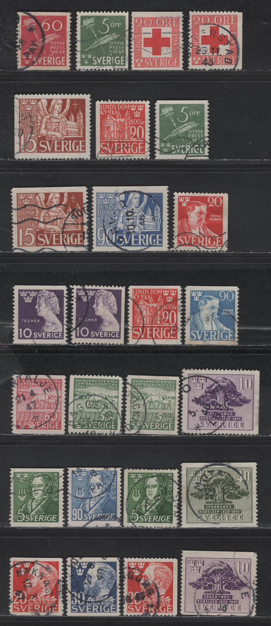 Lot 363 (C) Sweden #358-362, 364-377, 379-385 20 ore Red - 50 ore Green, 1945 Red Cross - 1947 Geijer Issues, 26 Very Fine Used Singles