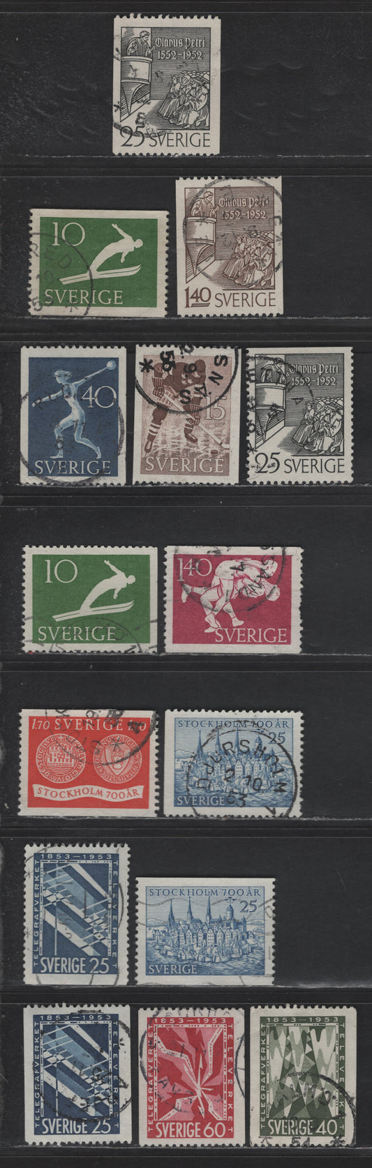 Lot 365 (C) Sweden #432-434, 444-455 25 ore Grey Black - 25 ore Blue, 1952 Olaus Petri - 1953 Telegraph Centenary Issues, 15 Very Fine Used Singles