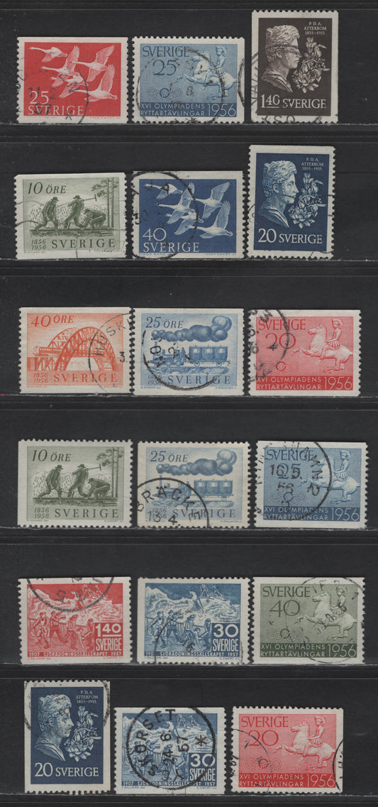 Lot 367 (C) Sweden #484-501 20 ore Dark Blue - 30 ore Blue, 1955 Per Atterbom-1957 50th Anniversary Of Swedish Life Saving Society Issues, 18 F & VF Used And OG Singles 497 Is OG